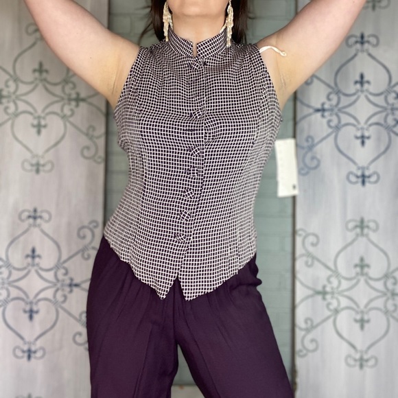 Vintage Two Piece Pants and Top Set Purple and Check Pattern 70s 80s - Picture 2 of 15